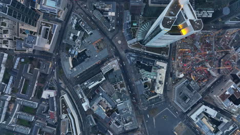 Aerial-birds-eye-overhead-top-down-view-of-buildings-and-streets-in-city.-High-rise-office-towers-in-business-centre.-Frankfurt-am-Main,-Germany