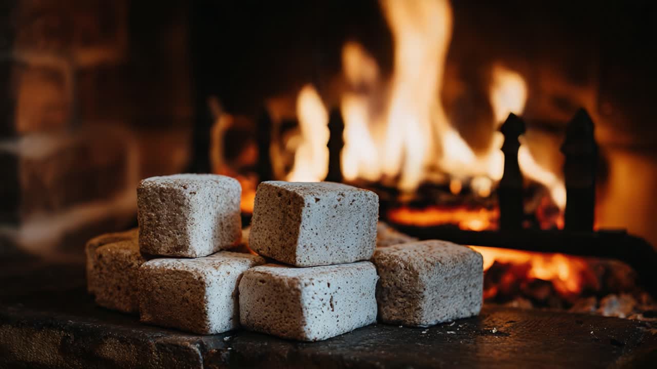 Warmth and Comfort: A Collection of Fuel Blocks Near a Cozy Fireplace, Illuminating the Room with a Gentle Glow and Creating a Relaxing Ambiance