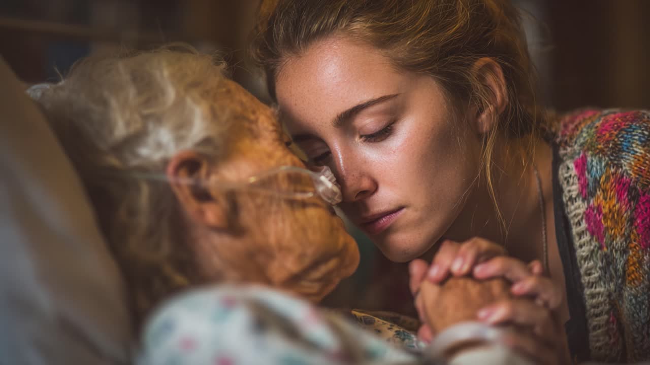 Un momento di connessione profondo: una giovane donna e una signora anziana condividono un abbraccio emotivo in una tenera scena di amore e cura.
