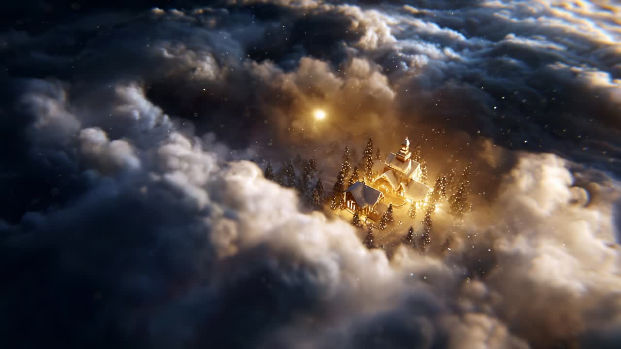 Aerial View of a Mystical Snowy Village Illuminated by a Warm Glow Beneath a Thick Layer of Dramatic Clouds, Capturing the Enchanting Essence of Winter's Serenity and Holiday Cheer