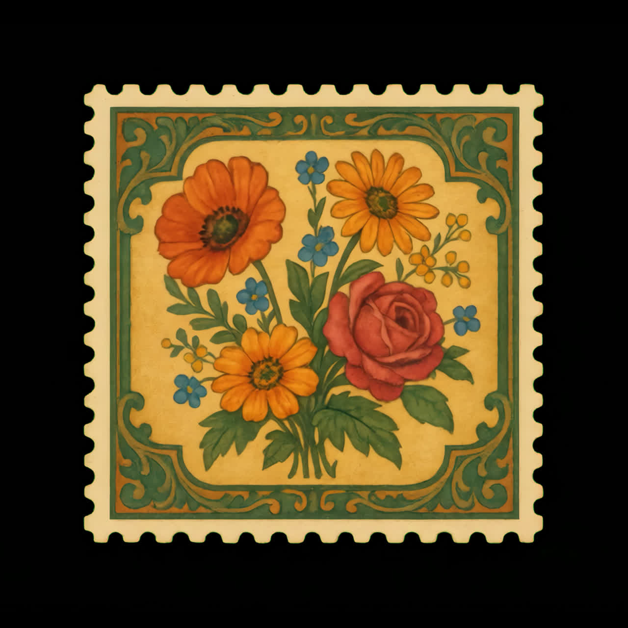 Vintage floral postage stamp illustration animation isolated asset, transparent 4K video, alpha