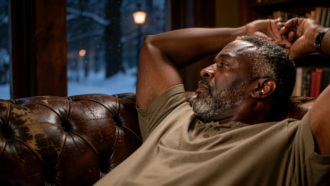 Reclining man seeing falling snow, stretching, linking hands behind head in polo on sofa by window