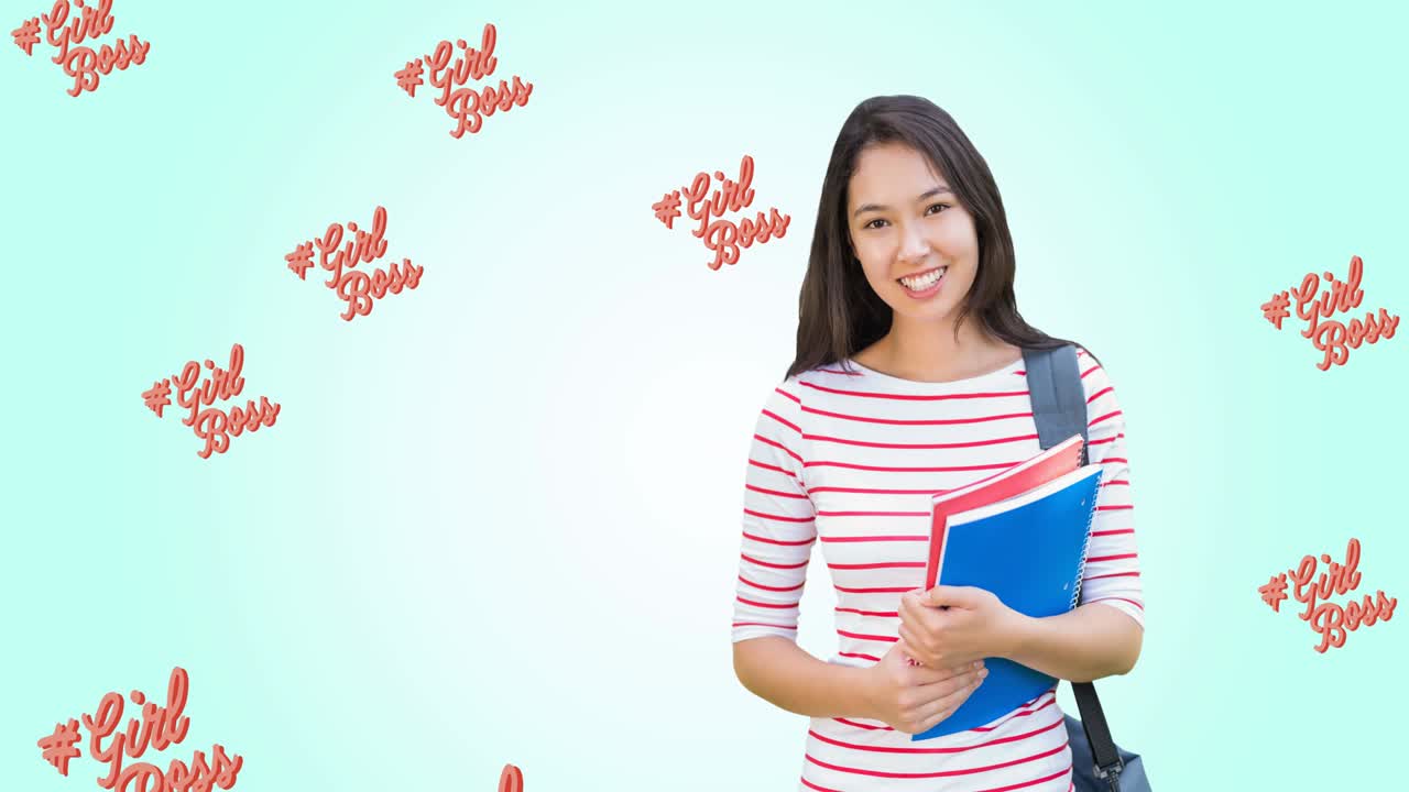 animación de una colegiala sobre varias chicas jefe texto en azul