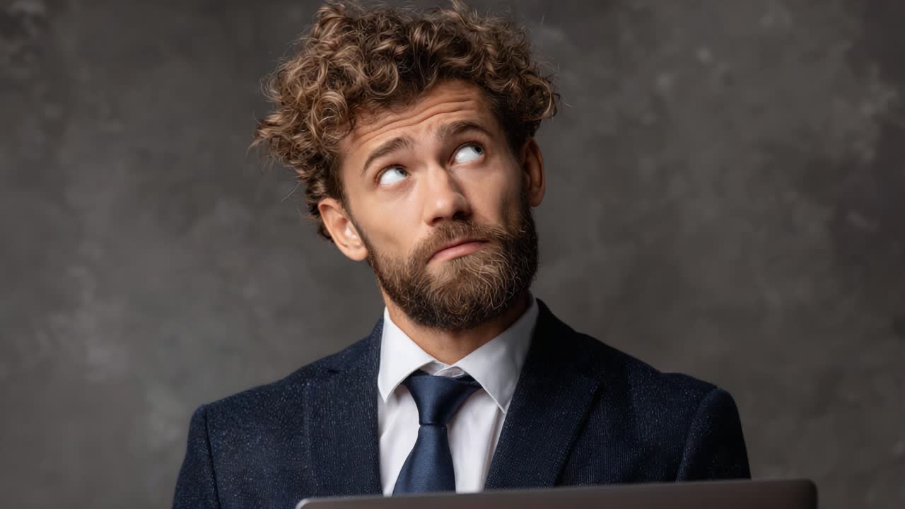 A Thoughtful Businessman Contemplates Ideas While Working on His Laptop, Exhibiting Curiosity and Focus in a Professional Setting