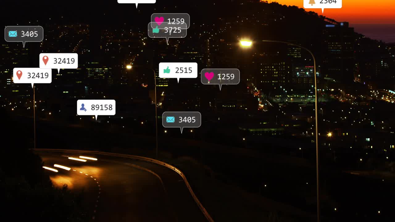 Sunset fading, cars moving on curved road, badges appearing, multiplying, showing social activity