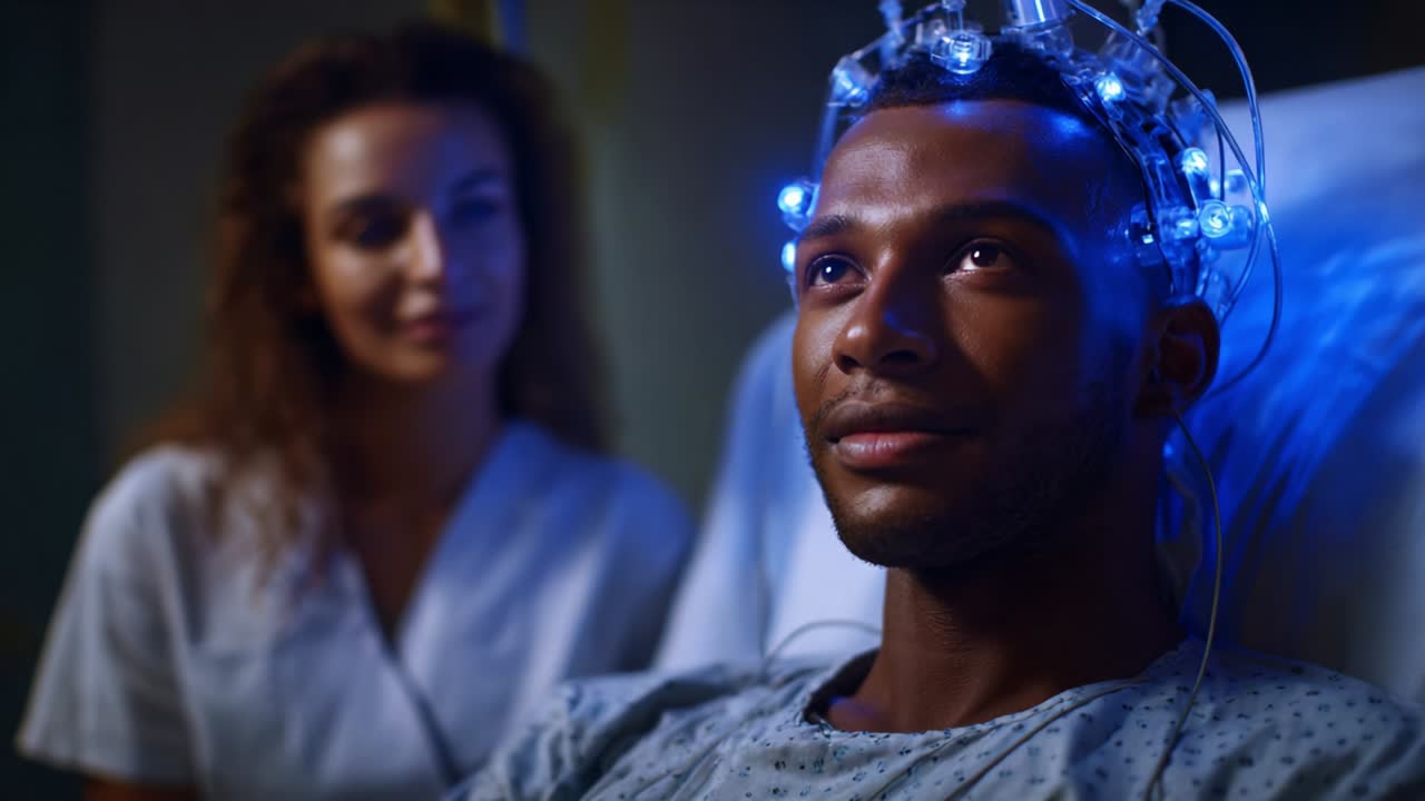 A Patient Undergoing Neurological Observation with Advanced Monitoring Equipment in a Medical Environment, Displaying a Calm Expression and Receiving Care from a Nurse Attending to His Needs