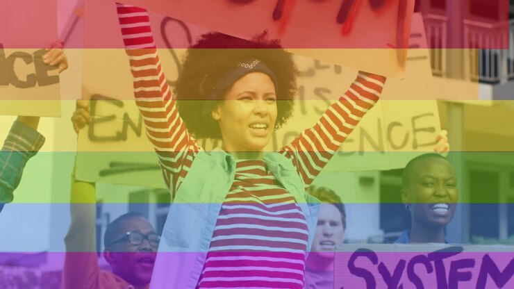 Animation of rainbow over diverse protesters with banners