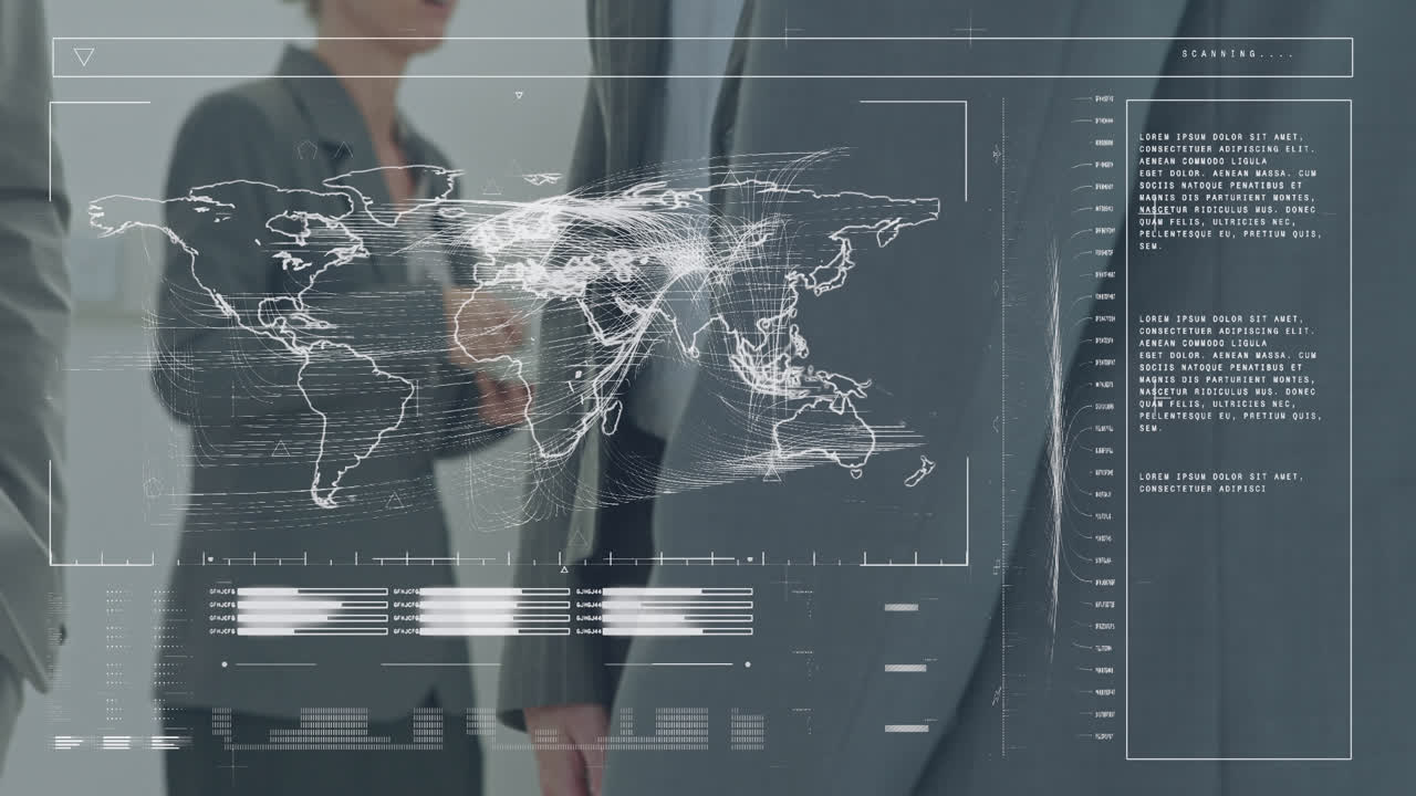 카우카스계 사업가들이 손을 흔들고 있는 금융 데이터 처리 애니메이션