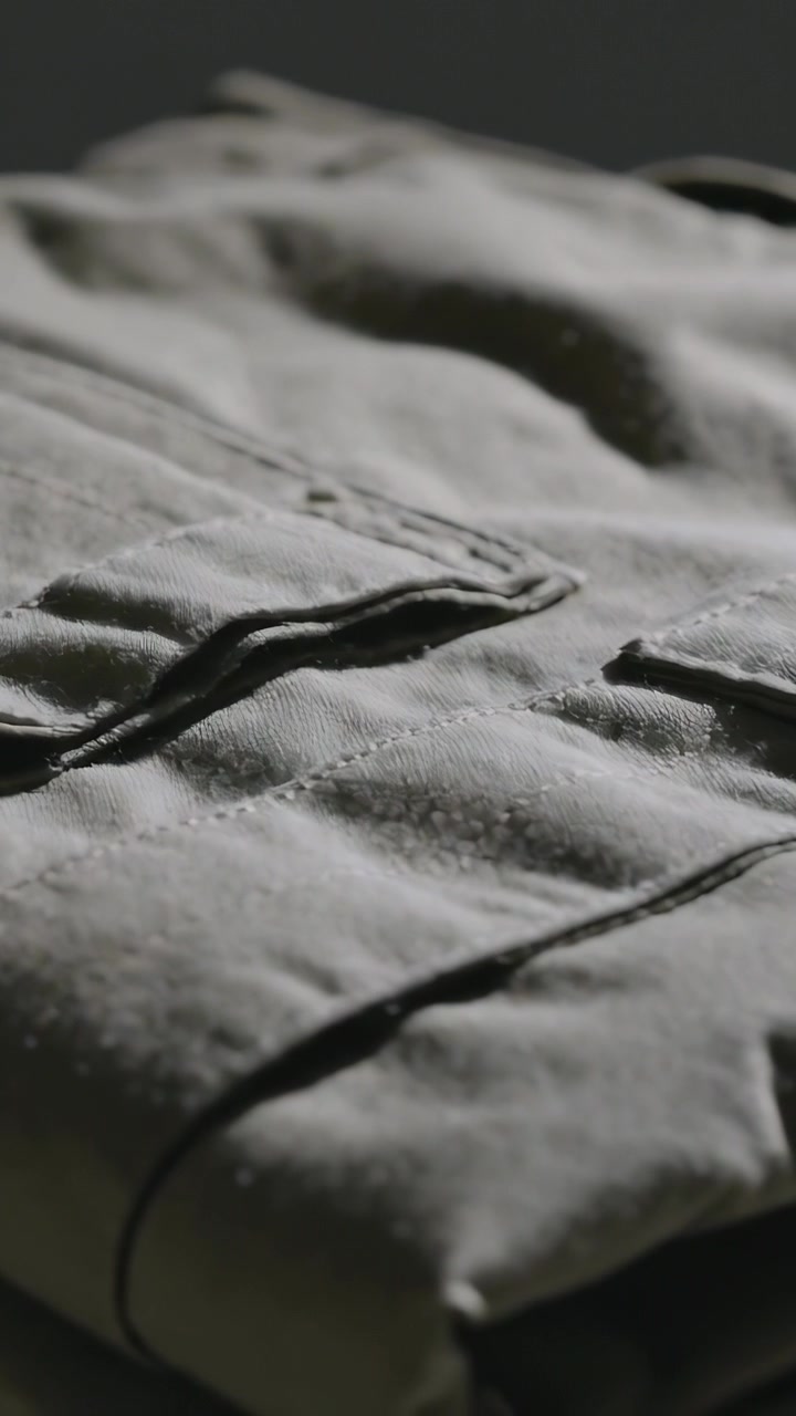 Vertical video: Cam framing pocket, pulling focus, revealing coat on dark mat showing texture