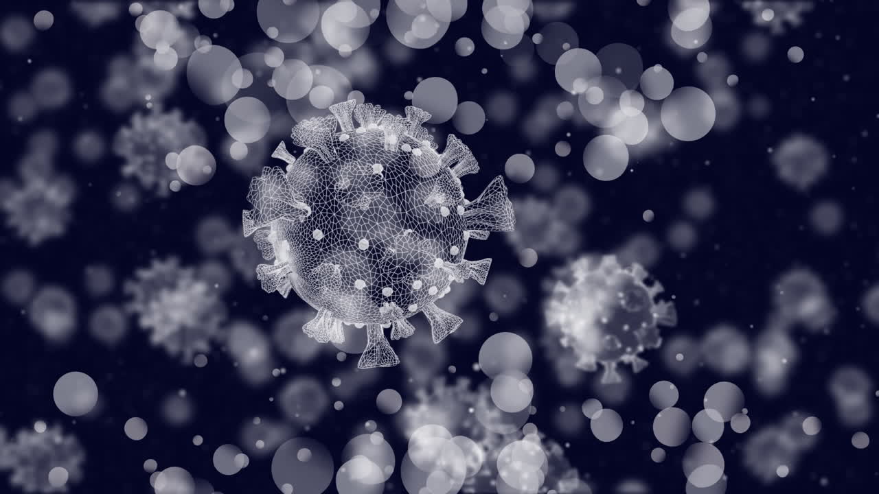 animación de células de covid-19 flotando sobre múltiples manchas de luz en fondo azul