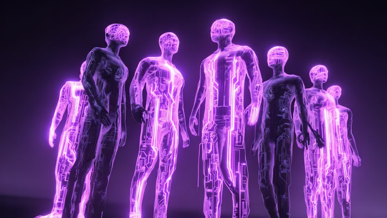 Futuristic Digital Figures: A Visualization of Neon-hued, Translucent Human Forms Set Against a Dark Background, Exploring Themes of Technology, Identity, and the Intersection of Humanity and Virtual Reality