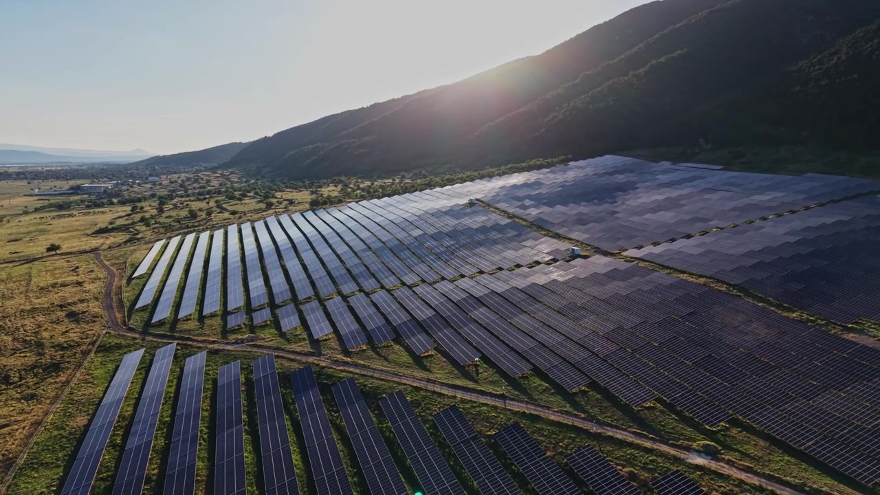 Solpaneler dækker et stort felt i et landområde i dagslys.