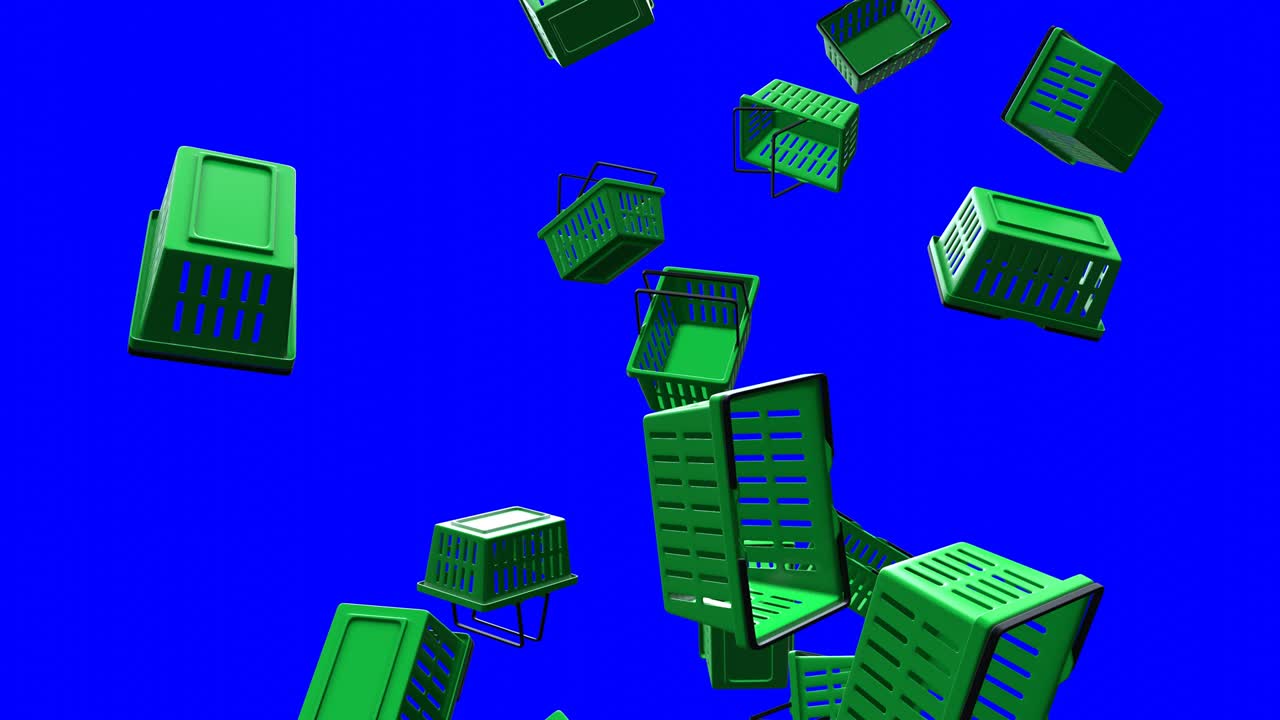 cestas de compras de plástico verdes en el fondo azul de la llave de croma.