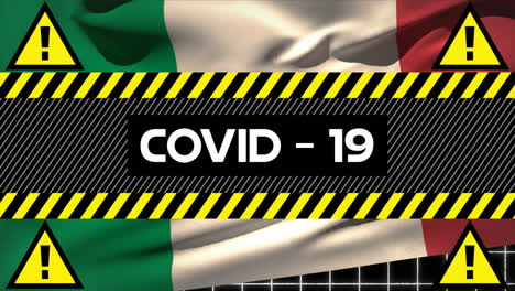 animación de la bandera italiana sobre advertencias e información covid-19 en letras blancas