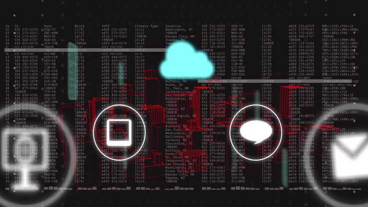 Cloud computing and data processing animation over digital code and graphics