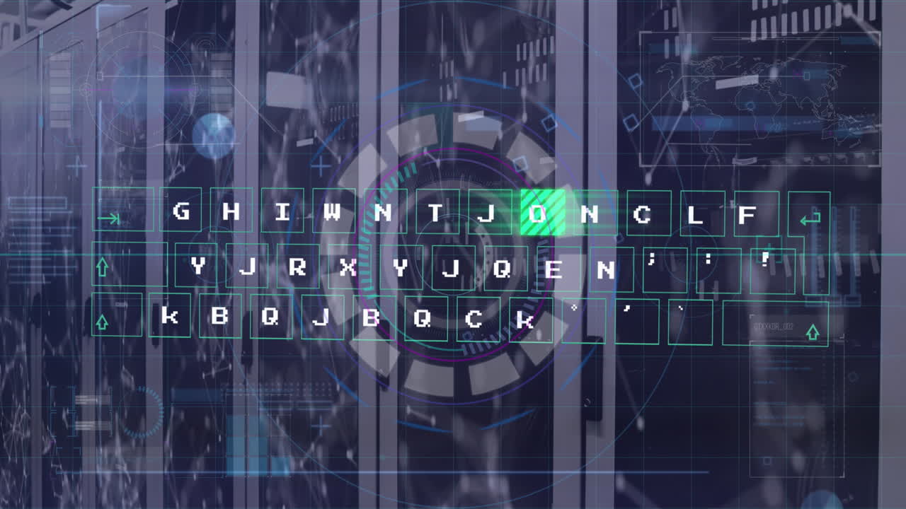 animación de escáner redondo, teclado virtual y red de conexiones contra la sala de servidores