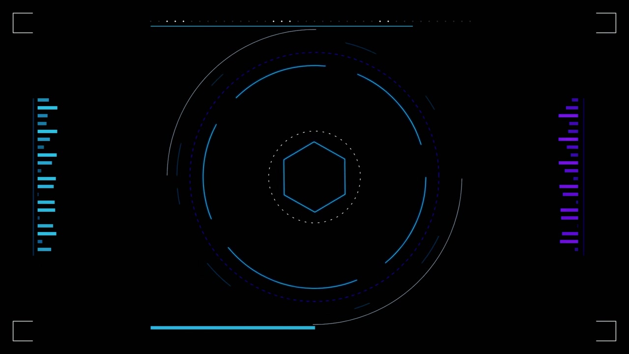 Futuristic Digital HUD Interface with Rotating Hexagon and Data Gauges