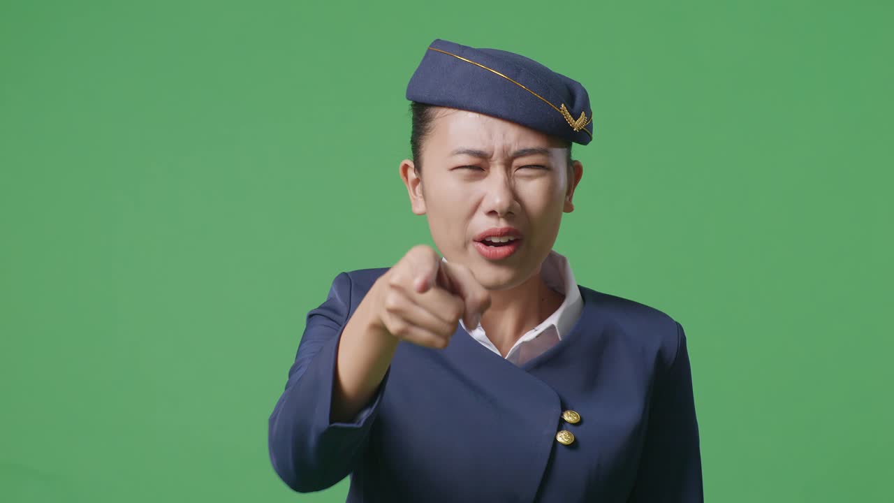 녹색 스크린 배경 스튜디오에 서 있는 동안 카메라에 소리치는 아시아 여성 에어 호스테이스의 클로즈업