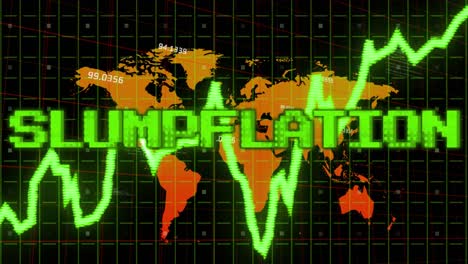 animatie van stagflatietekst in groen over grafiek en oranje wereldkaart met verwerkingsgegevens