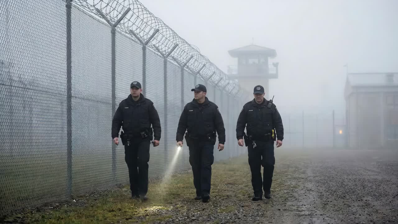 Prison Guards Patrolling in Fog