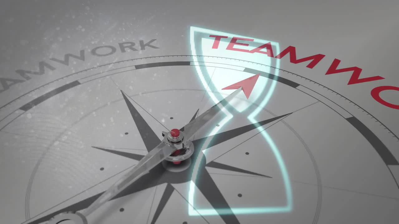 Compass needle pointing towards teamwork with animation of glowing hourglass overlay
