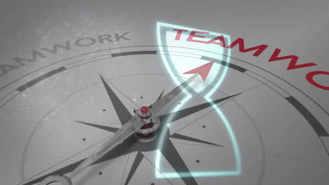compass needle pointing towards teamwork with animation of glowing hourglass overlay