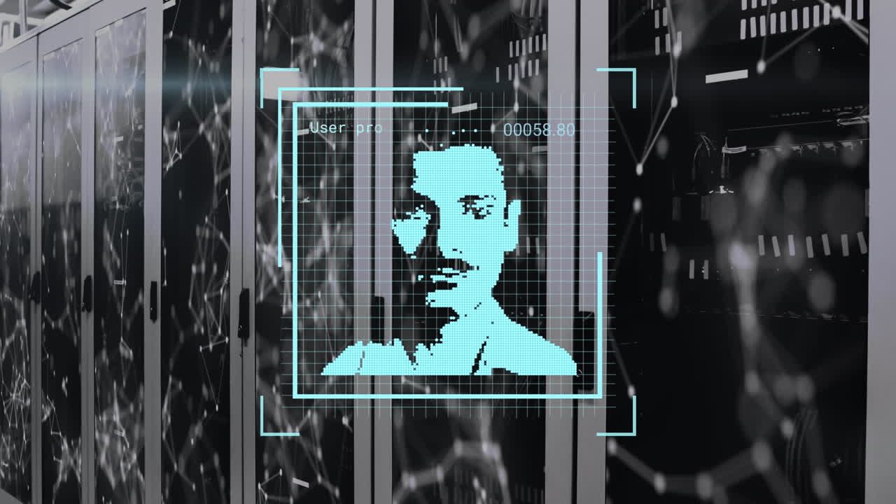 animación de cambios de íconos de perfil y red de conexiones contra la sala de servidores de computadoras