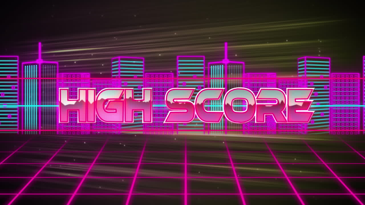 animación de banner de texto de alta puntuación sobre la red de cuadrícula contra el modelo de ciudad 3d y los senderos de luz