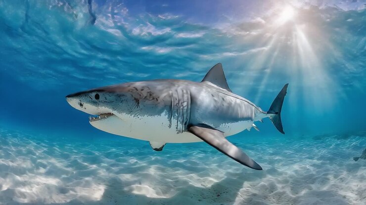 A Majestic Great White Shark Gliding Through Crystal Clear Waters with Sunlight Illuminating Its Powerful Form in an Underwater Paradise
