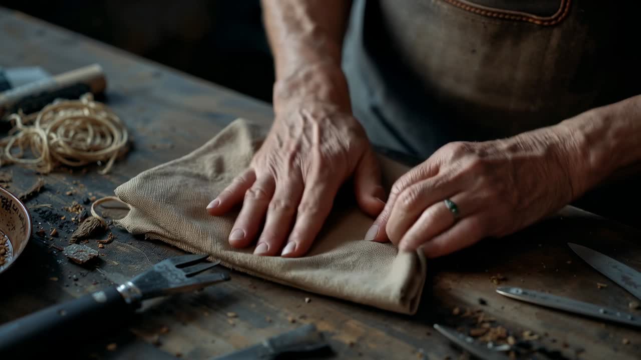 Vertical video: Reaching craftsman hands folding and smoothing cloth on bench for repair in apron