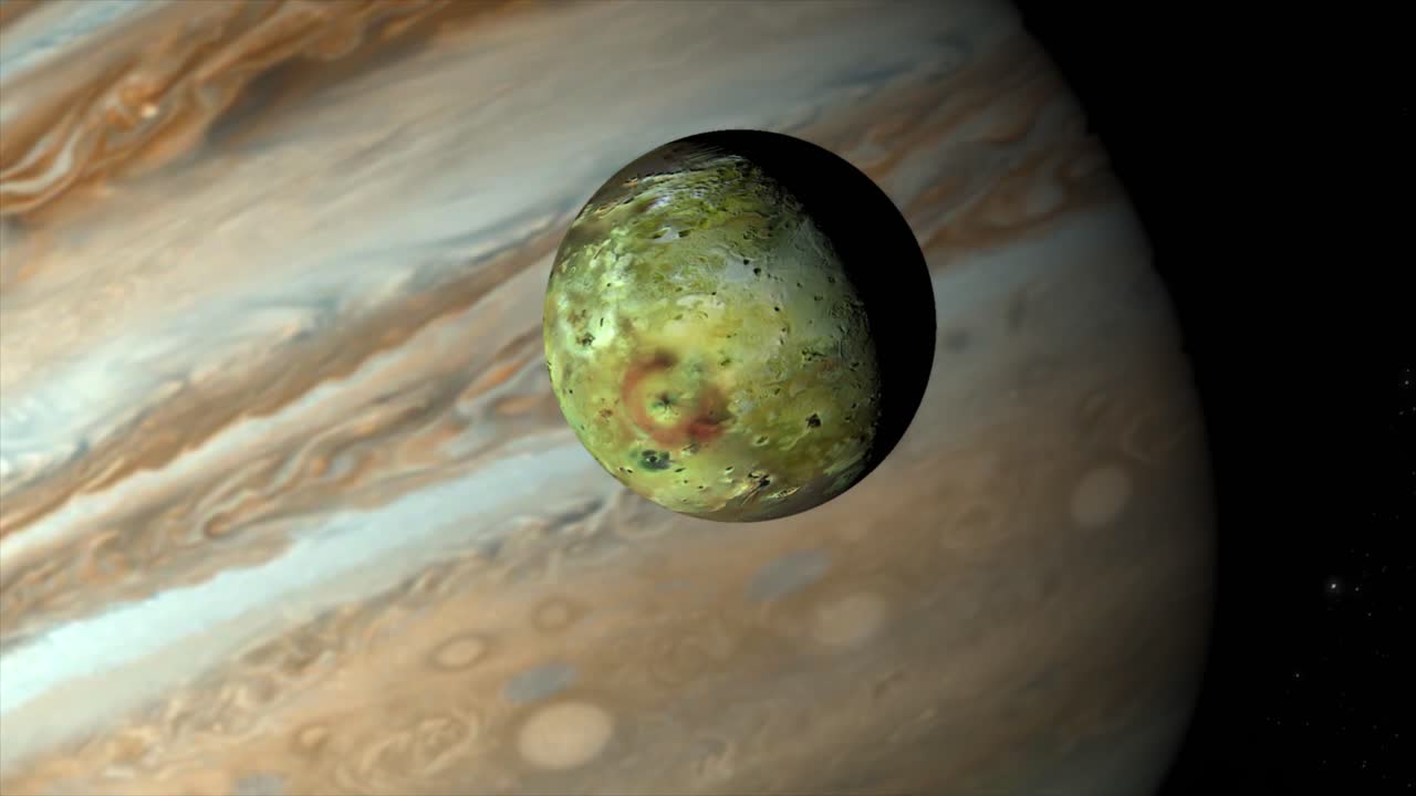 High quality and detailed 3D CGI space scene of Jupiter�s moon Io, with the looming shape of Jupiter in the background