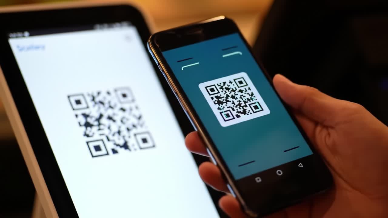 A person uses a smartphone to scan a QR code displayed on a tablet, facilitating a seamless payment process at a popular cafe. The atmosphere is busy, filled with customers enjoying their beverages.