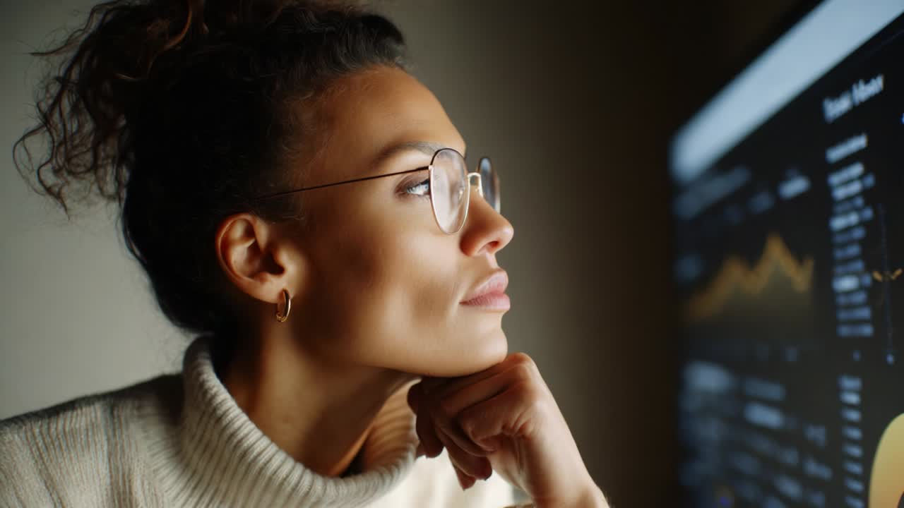 Thoughtful Analysis: A Young Professional Woman Examining Data Trends on a Computer Screen, Reflecting Focus and Determination in a Cozy, Modern Workspace Environment
