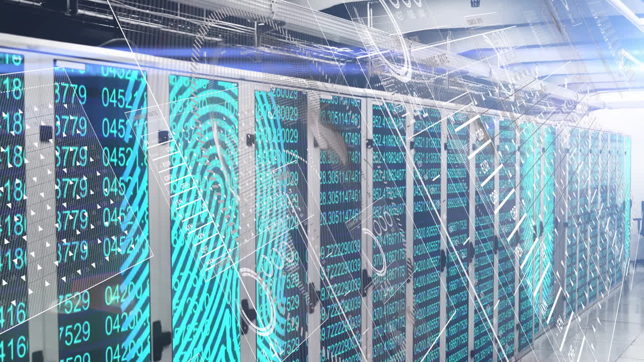 Data processing animation over servers with digital patterns and numbers