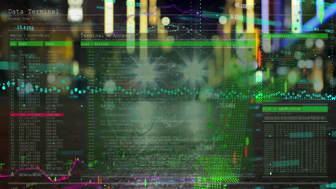 Animation of data processing over cityscape