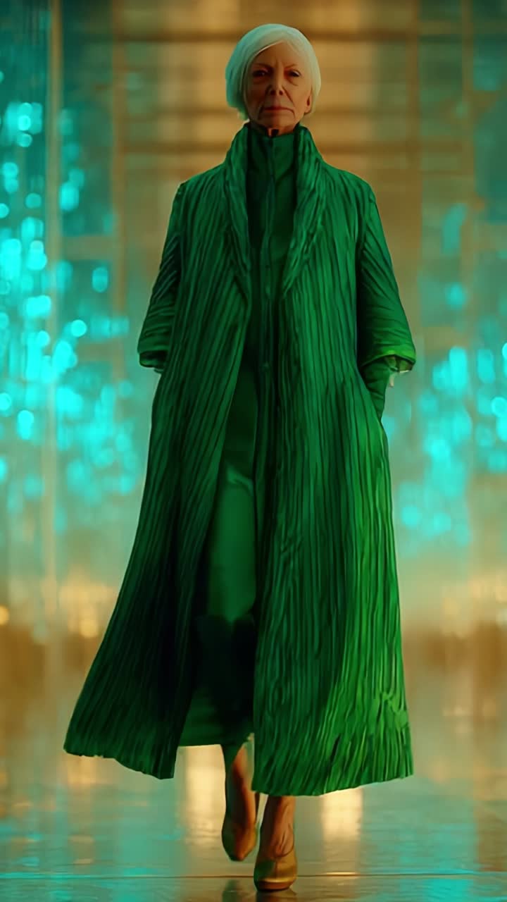 An elegant figure in a striking green outfit glides through a luminous space, showcasing a unique blend of style, grace, and vibrant color against a radiant background