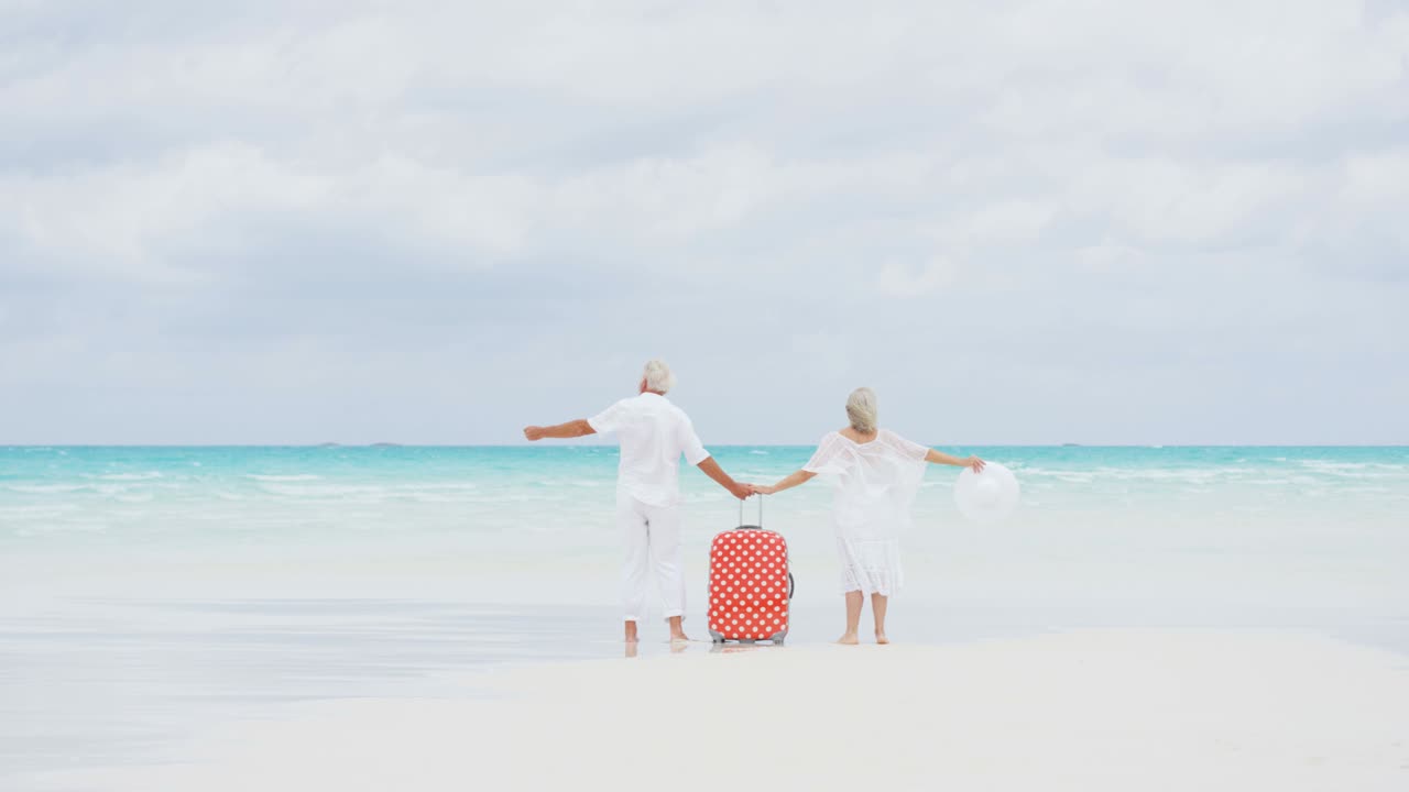 수석 백인 부부 가 가방 을 들고 해변 에 서 있다