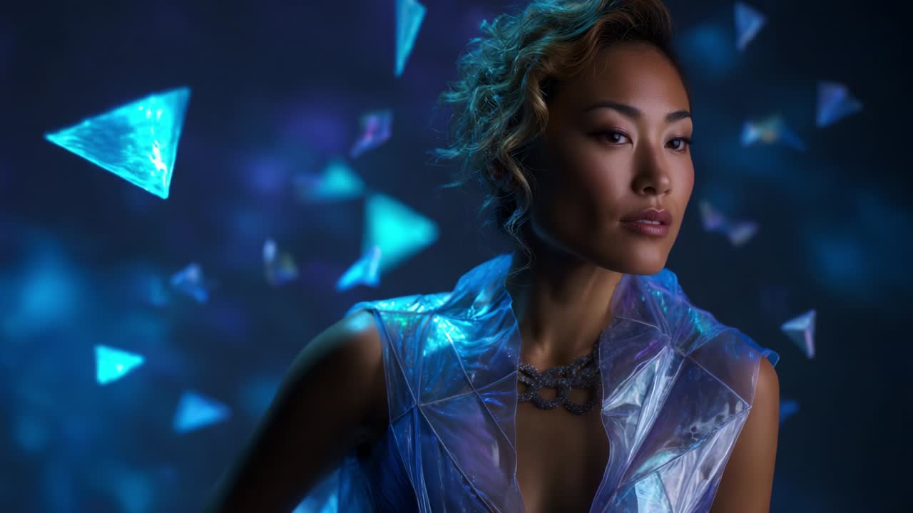 A stunning portrait of a fashion-forward individual sporting a unique, reflective outfit with striking geometric shapes in the background, capturing a moment of elegance and modern aesthetics with a futuristic vibe