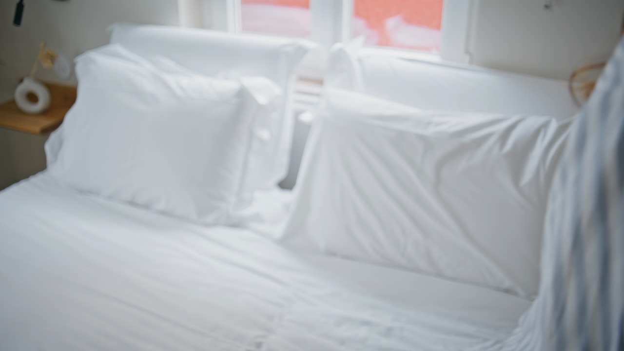 Woman bedroom reflecting thoughts with sad expression closeup. Upset lady on bed