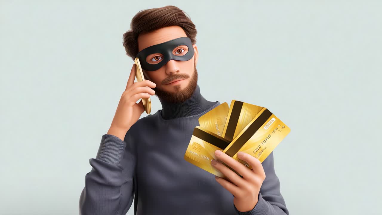 Un personaggio subdolo con una maschera che fa una telefonata mentre tiene in mano diverse carte dorate, incarnando una persona astuta e maliziosa in una giocosa scena animata