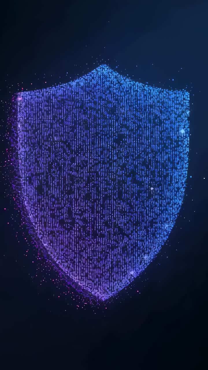 Vertical video: Aligning particles forming holographic shield settling at center cyan magenta glow