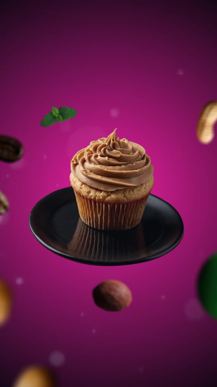 Intro animata di cupcake al burro d'arachidi per pubblicità o marketing per ristoranti con gli ingredienti del dessert che volano in aria (sfondo rosa) - video verticale per indicare prezzo o offerta.