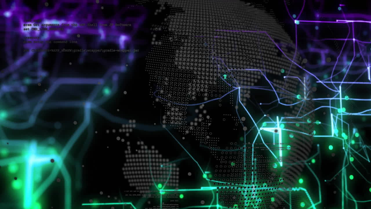 Global data network being visualized, with glowing nodes, neon circuit lines and code fragments