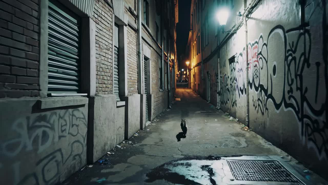 Vicolo urbano di notte, inquadratura dal basso che mostra muri coperti di graffiti e un gatto solitario.