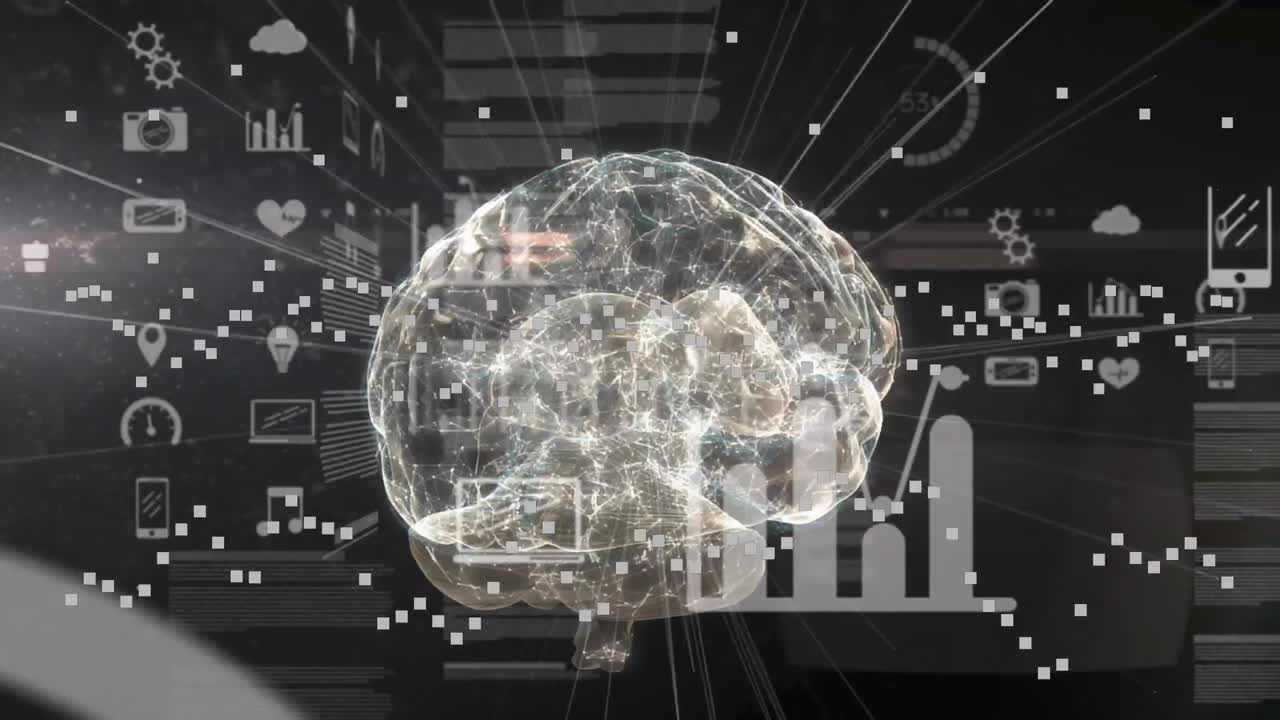 Animation of spinning human brain, data procesisng and light spot against black background