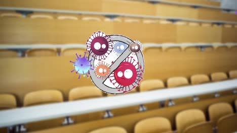 Animation-of-angry-covid-viruses-bouncing-against-no-entry-sign-over-school-lecture-room