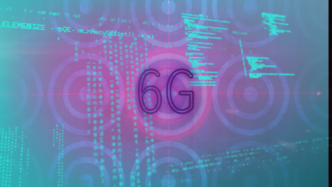 animación de texto de 6g sobre fondo de codificación de datos digitales