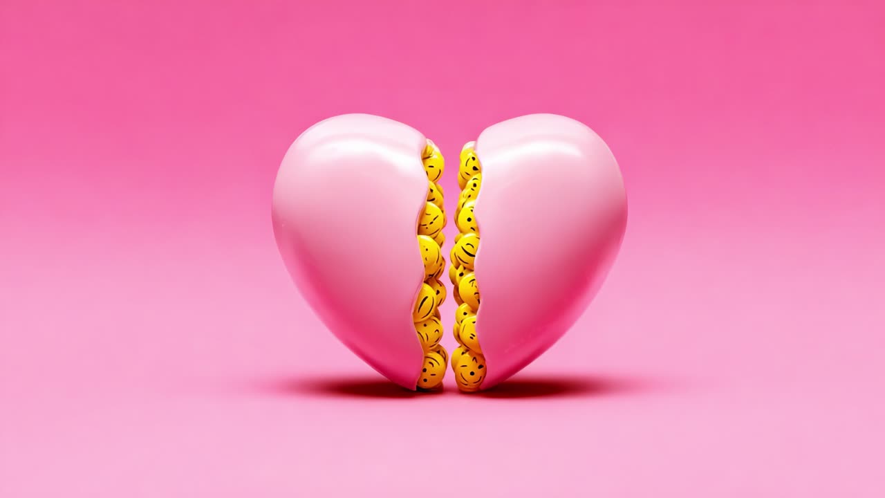 A whimsical and playful visual representation of divided hearts filled with smiling emojis, captured in soft pink hues, highlighting themes of love, joy, and separation