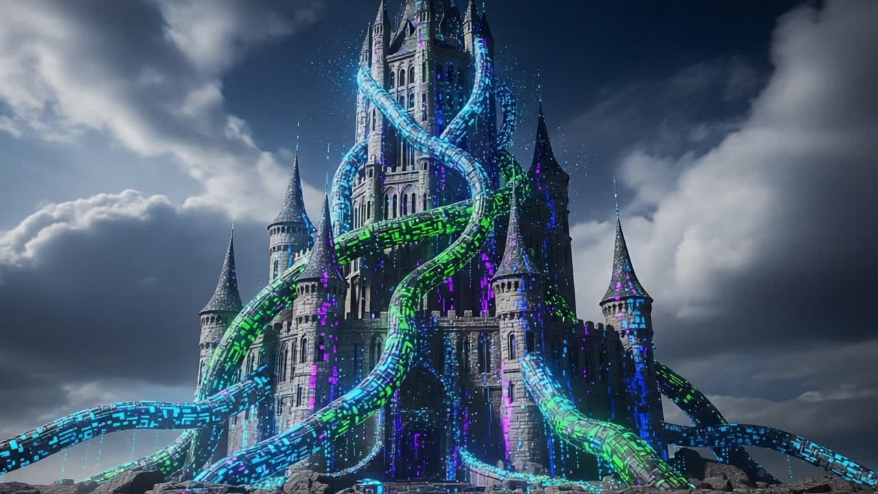 An Enchanted Castle Surrounded by Vibrant Data Streams in a Digital Landscape, Blending Futuristic Elements with Medieval Architecture Under a Dramatic Sky