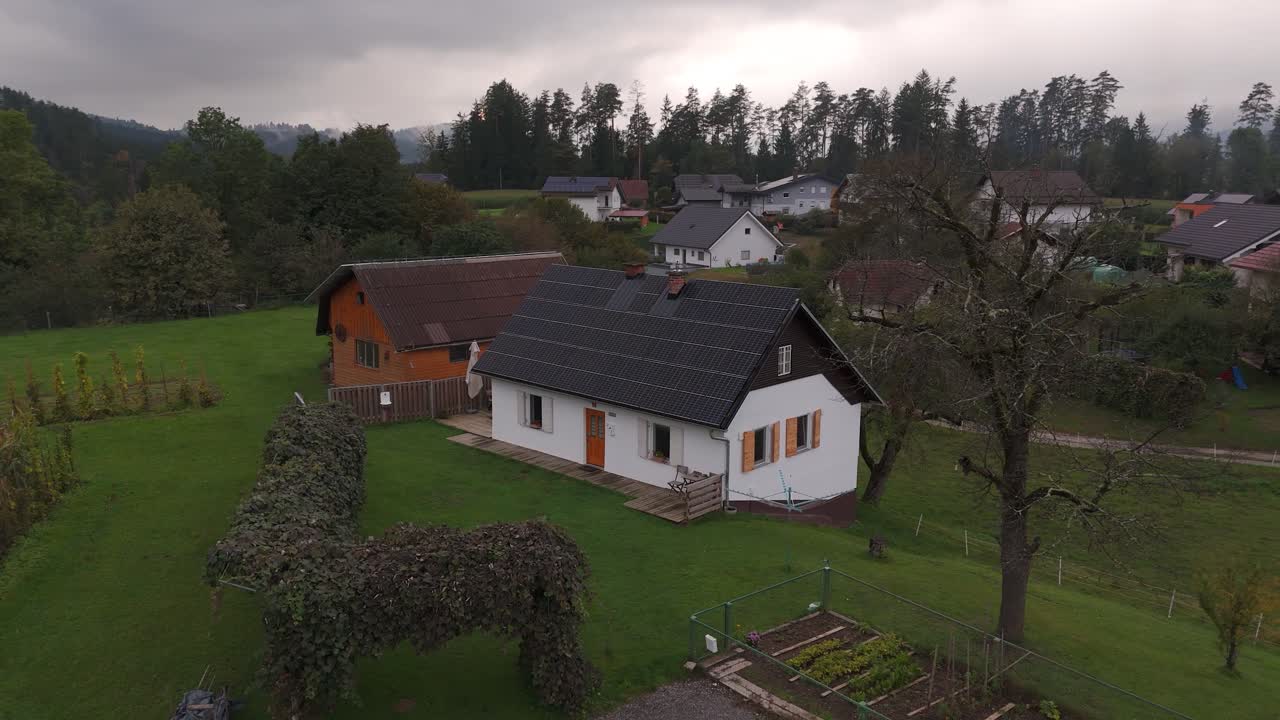 Luftfoto af et landhus med solpaneler på taget